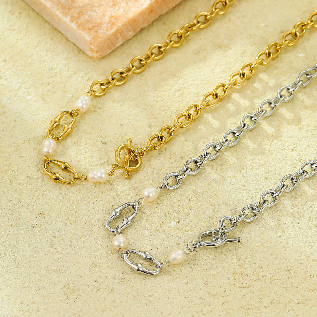 Stainless Steel Necklace Stitching Craft Inlaid Pearl Chain High Grade Clavicle Necklace for Women
