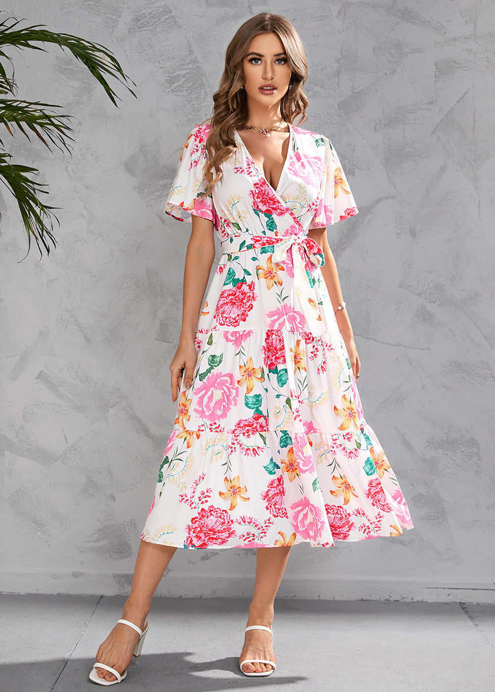 Women Clothing Summer Printed V-neck Tight Waist Mid-Length Short Sleeve Dress Tiered Dress