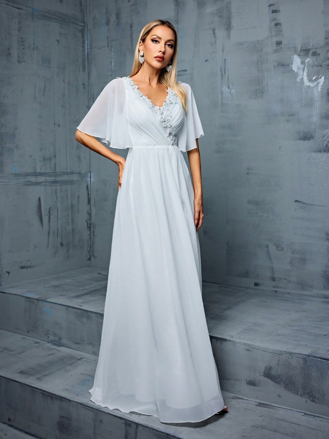 V neck Ball Gown Half Sleeve Slim Fit Cocktail Dress Annual Meeting Host Dress