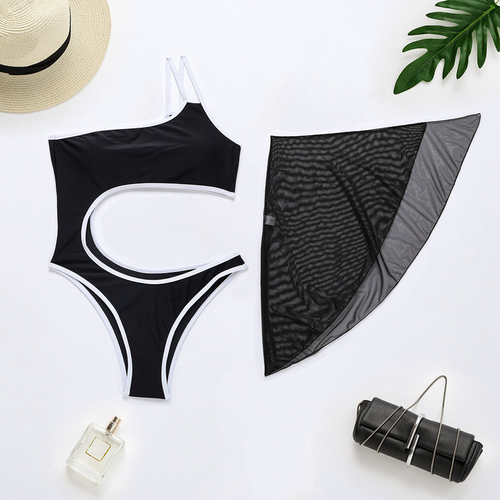 Swimsuit One-Piece Bikini Women Solid Color Swimsuit Mesh Two Piece Set Swimsuit