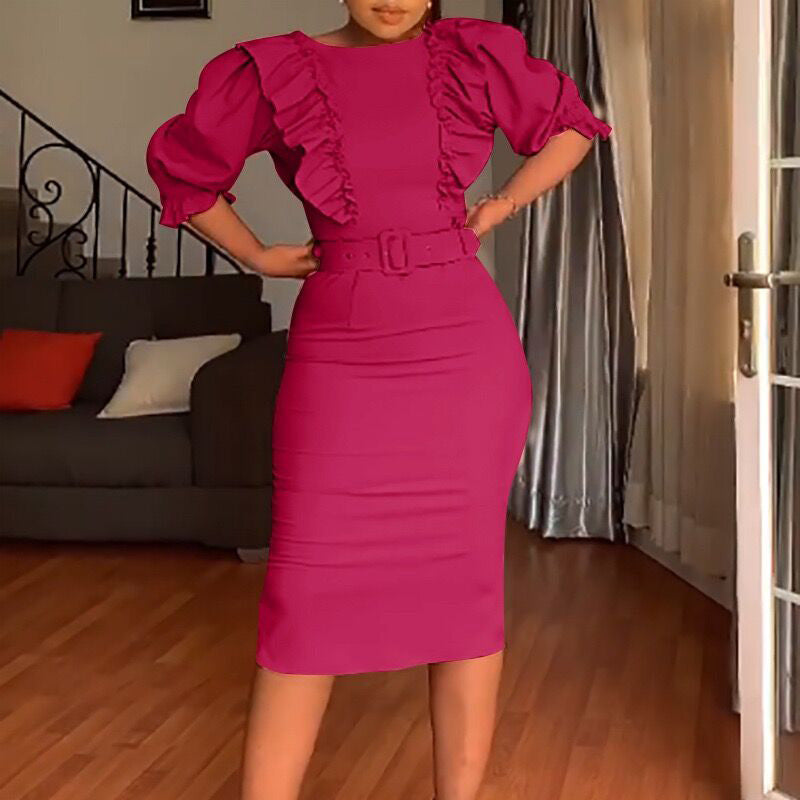 High Waist Wooden Ear Stitching Five Quarter Sleeve Office Women Dress