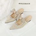 French Fairy Bow Pearl Rhinestone Closed Toe Slippers Women Outer Wear High Class Elegant Slip on Women Shoes