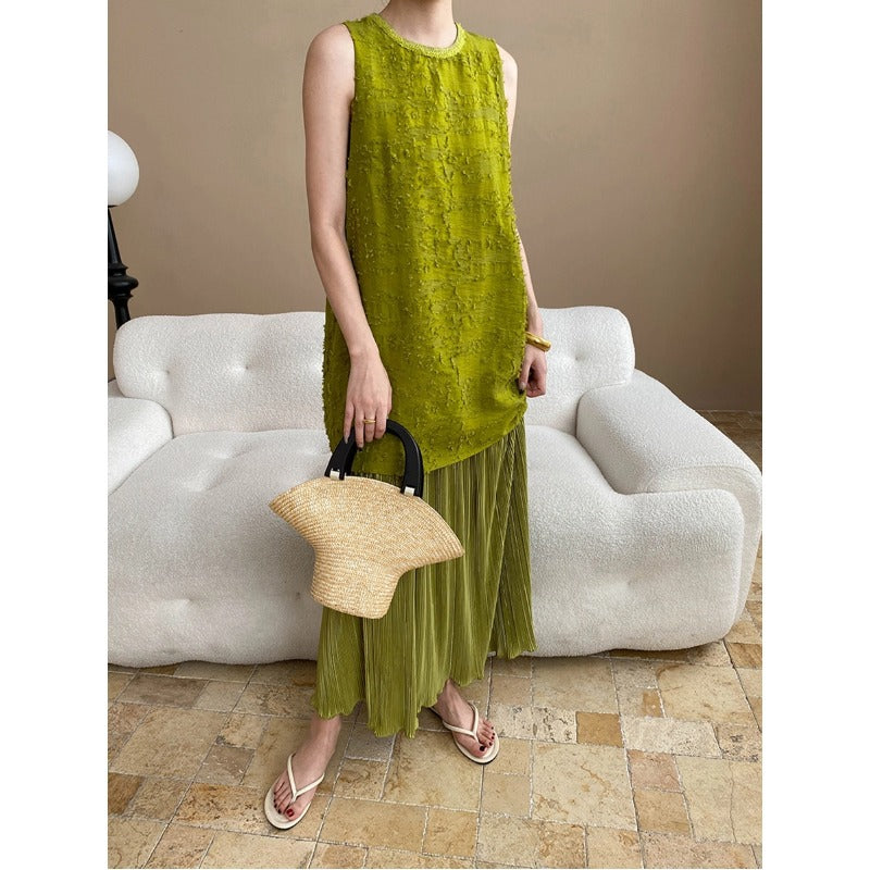 Vacation Tencel Cotton Linen Blended Faux Two Piece Cut Floral Craft Vest Dress