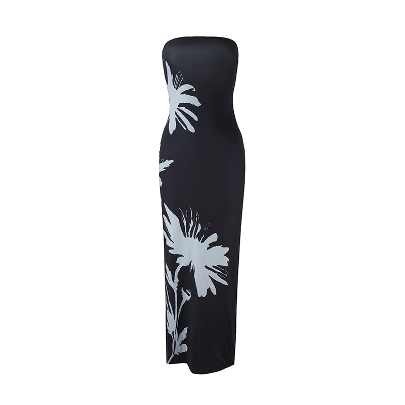 Women Clothing Summer Slim Fit Sexy Tube Top Printed Maxi Dress Straight Hair
