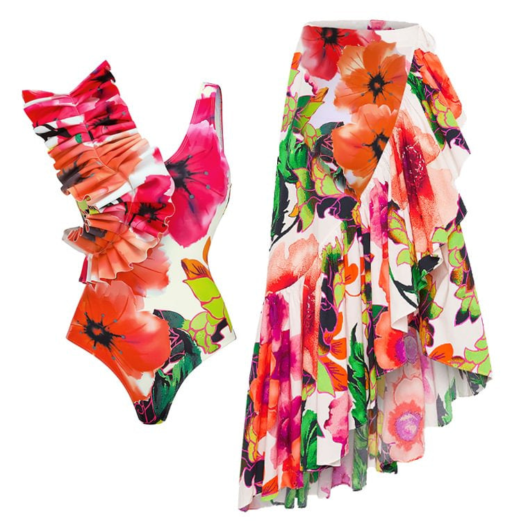 Sexy Swimsuit Women Bikini Flounce Printed Swimsuit Bikini Mesh Maxi Dress