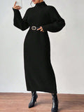 Women Clothing Woolen Pullover High Collar Long Sleeve Knitted Dress Solid Color Long Inner Wear Dress