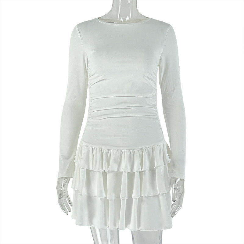 Elegant Slim Women Clothing Elegant Solid Color Pleated Dress Light Luxury round Neck Long Sleeved Dress