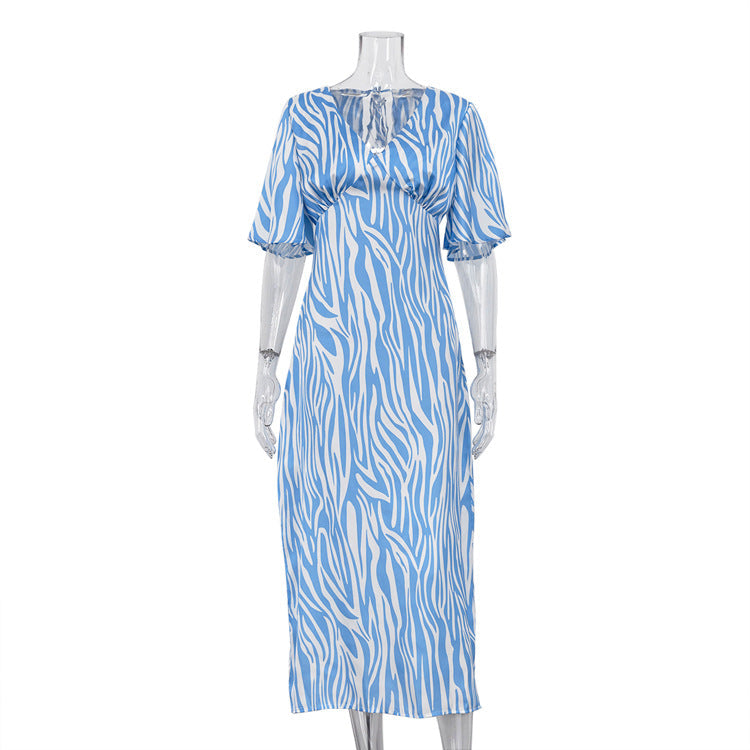 Summer Women Clothing Dress Short Sleeve Satin Drooping Slimming Backless Printed Maxi Dress