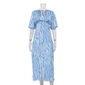 Summer Women Clothing Dress Short Sleeve Satin Drooping Slimming Backless Printed Maxi Dress