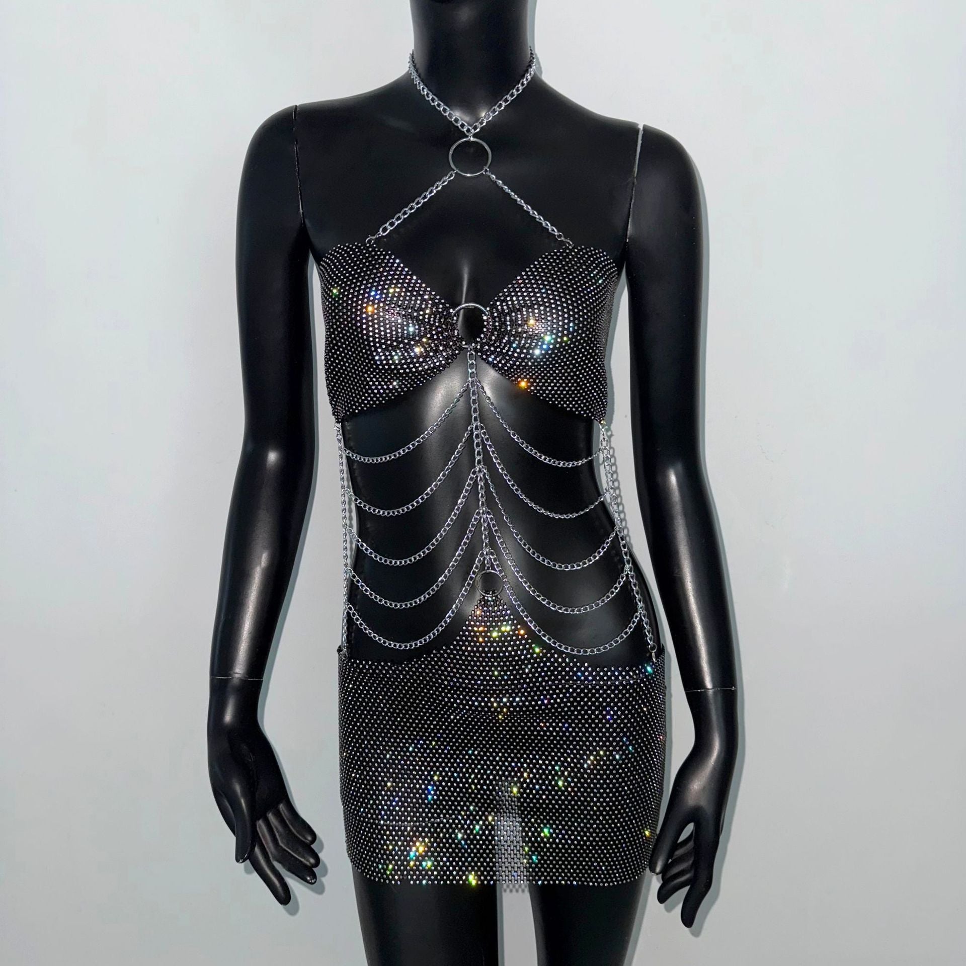 Sexy Dress Fishnet Rhinestone Stretch Halterneck Dress Metal Chain Decorative Cami Dress