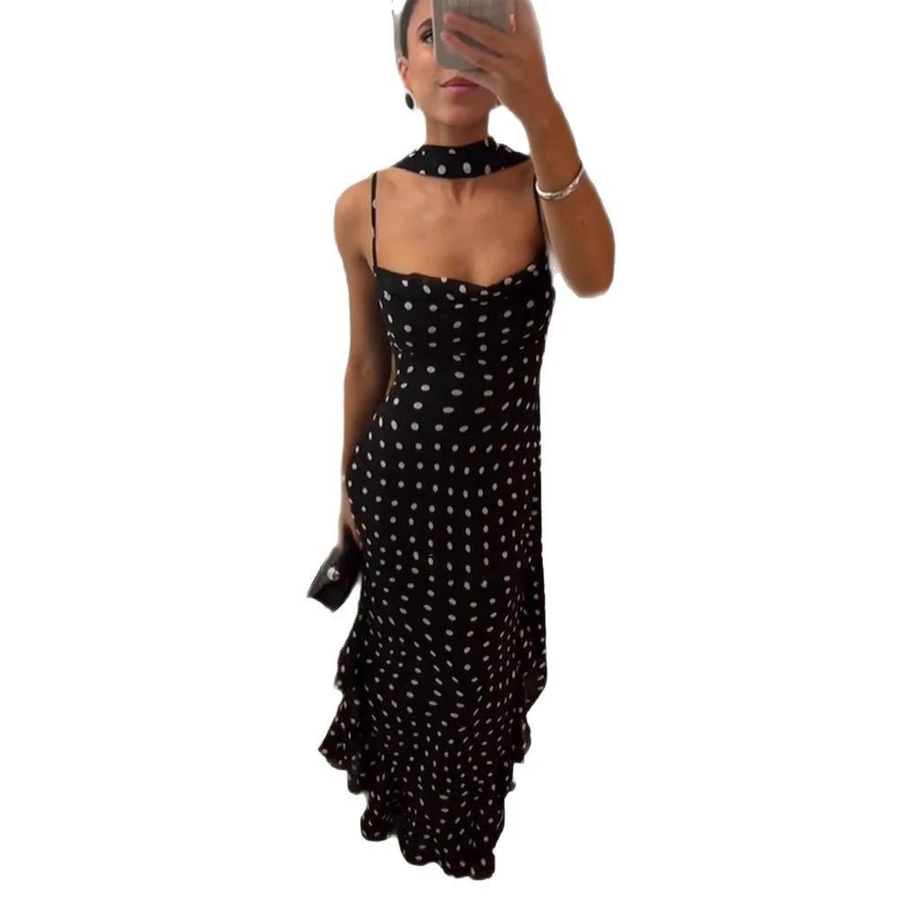 Sleeveless Polka Dot Scarf  Ruffled Spaghetti Straps Dress set