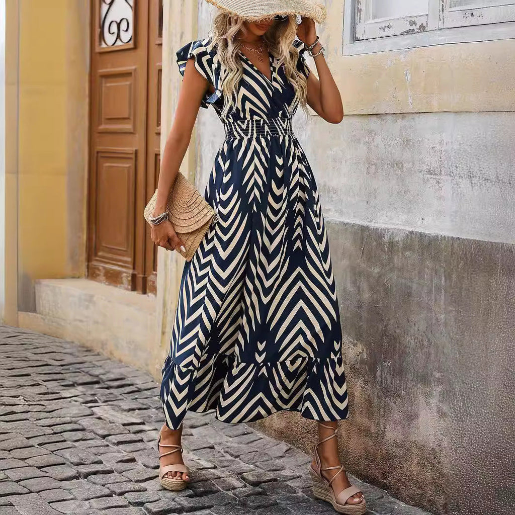 Women Clothing Women Summer Elegance Printed Short Sleeve Dress Lace Up Long Hem