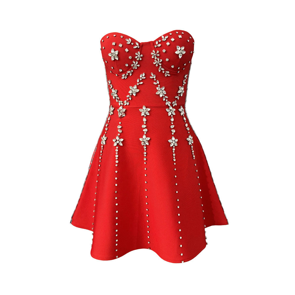 Heavy Industry Beads Diamond Tube Top Bandage One Piece Dress Cocktail Party Dress Mini Dress