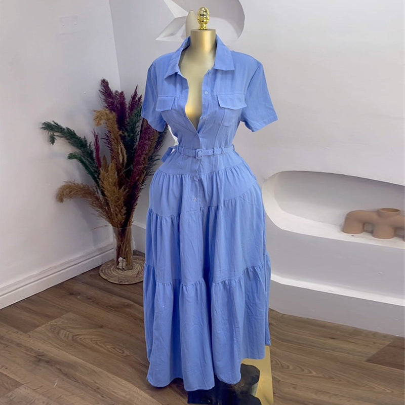 Women Clothing Summer Polo Collar Short Sleeve Breasted Belt A line Shirt Dress