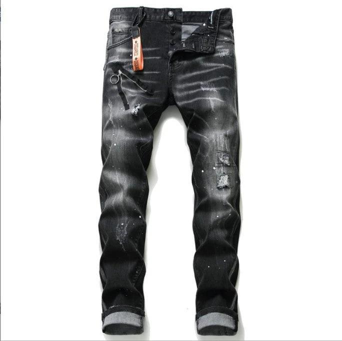 Men's Black And Gray Paint Hole Zipper Decorations Jeans