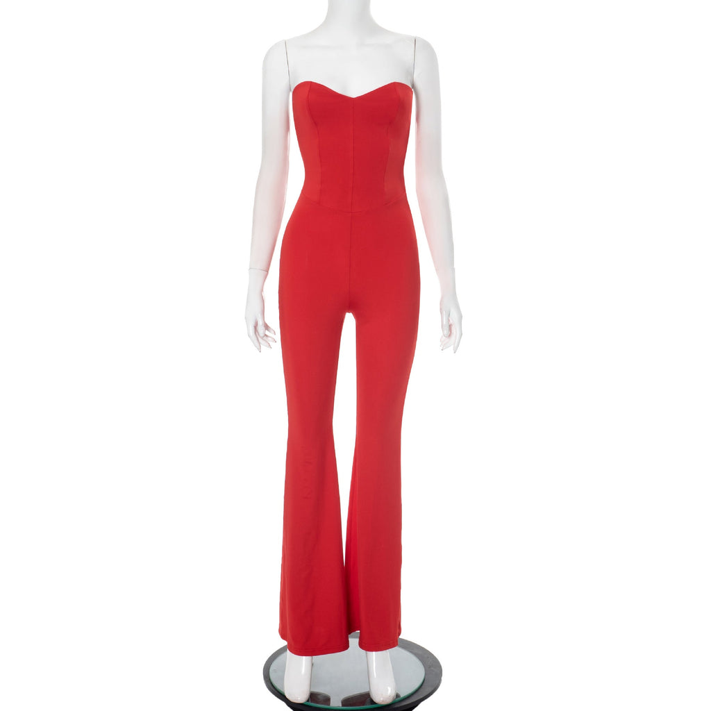 Women Spring Summer Tube Top Backless Lace up Cutout Solid Color Sheath Slightly Flared Jumpsuit