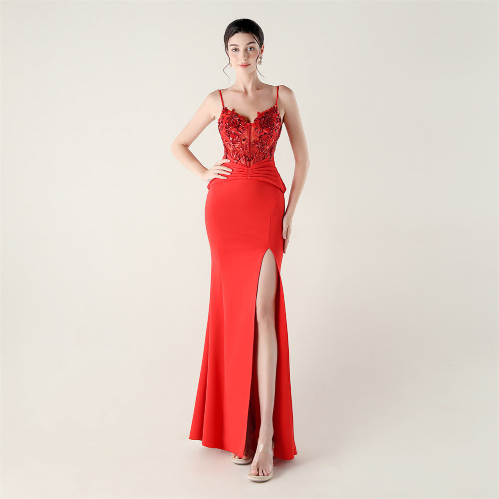 Satin Cloth Applique Bead Tube Boning Corset Waist Tight Folding Craft Evening Dress Strapless Sexy Dinner Social