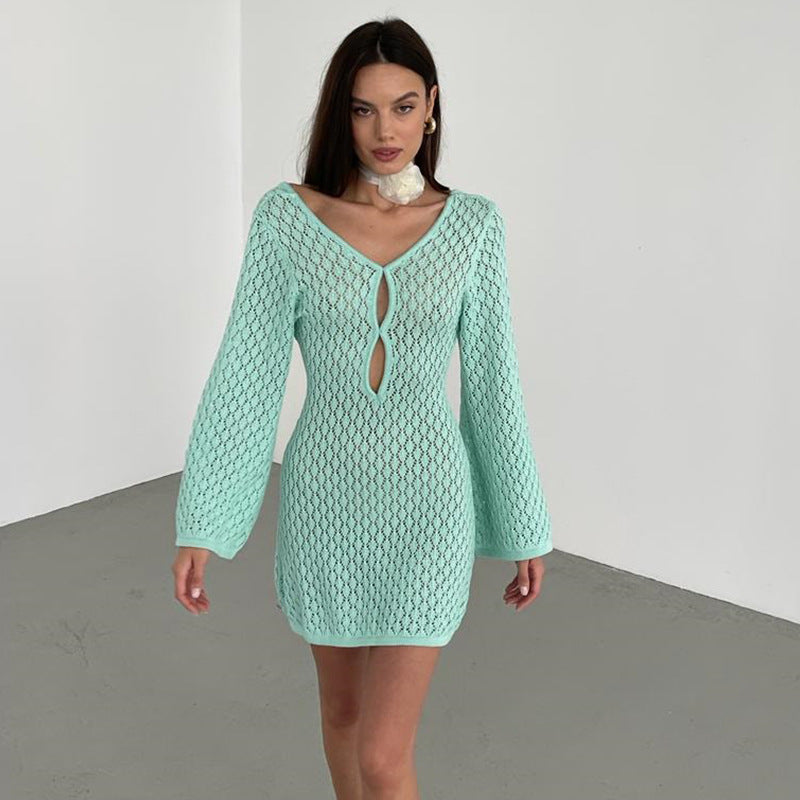 Summer Beach Dress Women Solid Color Sexy Knitted Hollow Out Cutout Bikini Swimsuit Blouse Sun Protective Clothing