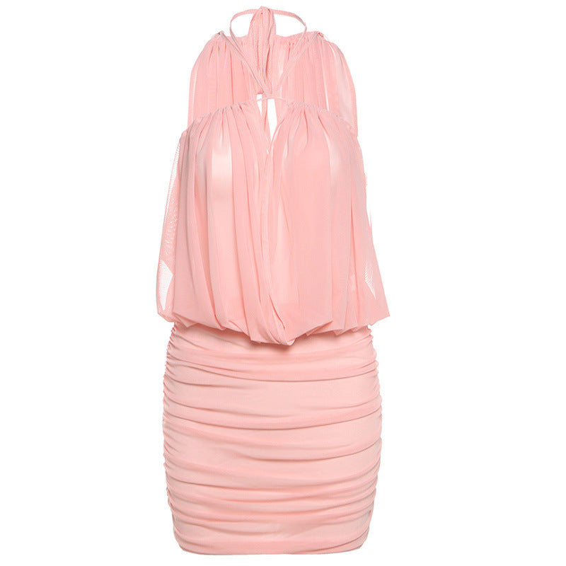 Spring Women Sexy Cross Lace up Two Way Tube Top Vest Mesh Pleats Dress Women