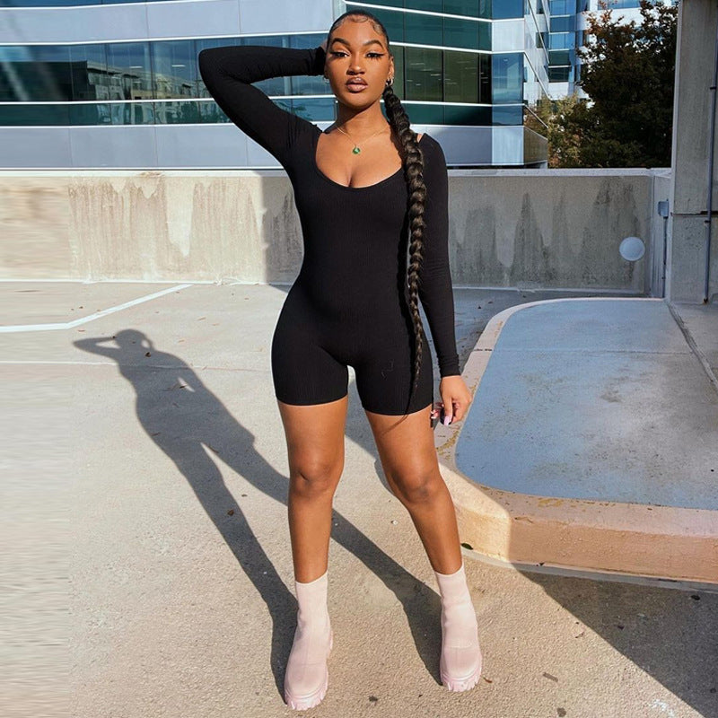Women Clothing Winter Solid Color Rib U Neck Long Sleeved Slim Fit Hip Raise Sports Jumpsuit Women