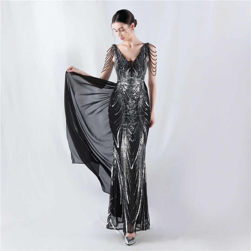 Dress Positioning Floral Sequin with Cloak Craft Beading High-End Evening Dress Annual Meeting Owner