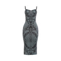 Autumn Winter Women Clothing Suspenders Low Cut Backless Print Back Slit Slim Fit Sexy Dress