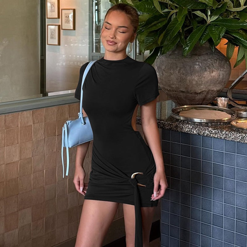 Women Clothing Autumn Fashionable Elegant Solid Color round Neck Short Sleeve Backless Waist Lace up Dress