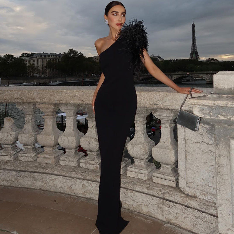 Dress Elegant Noble Solid Color Shoulder Stitching Feather Slim Slimming Long Evening Dress for Women