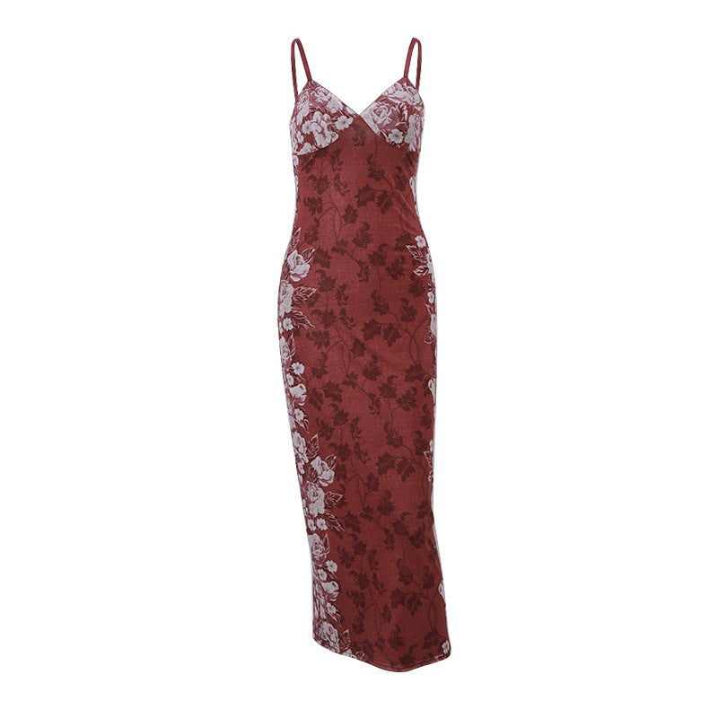 Summer Women Clothing Retro Printed High Grade Strap Dress Evening Dress