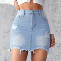Summer Slim Ripped Denim Skirt Women Light Colored Washed Frayed A line Skirt