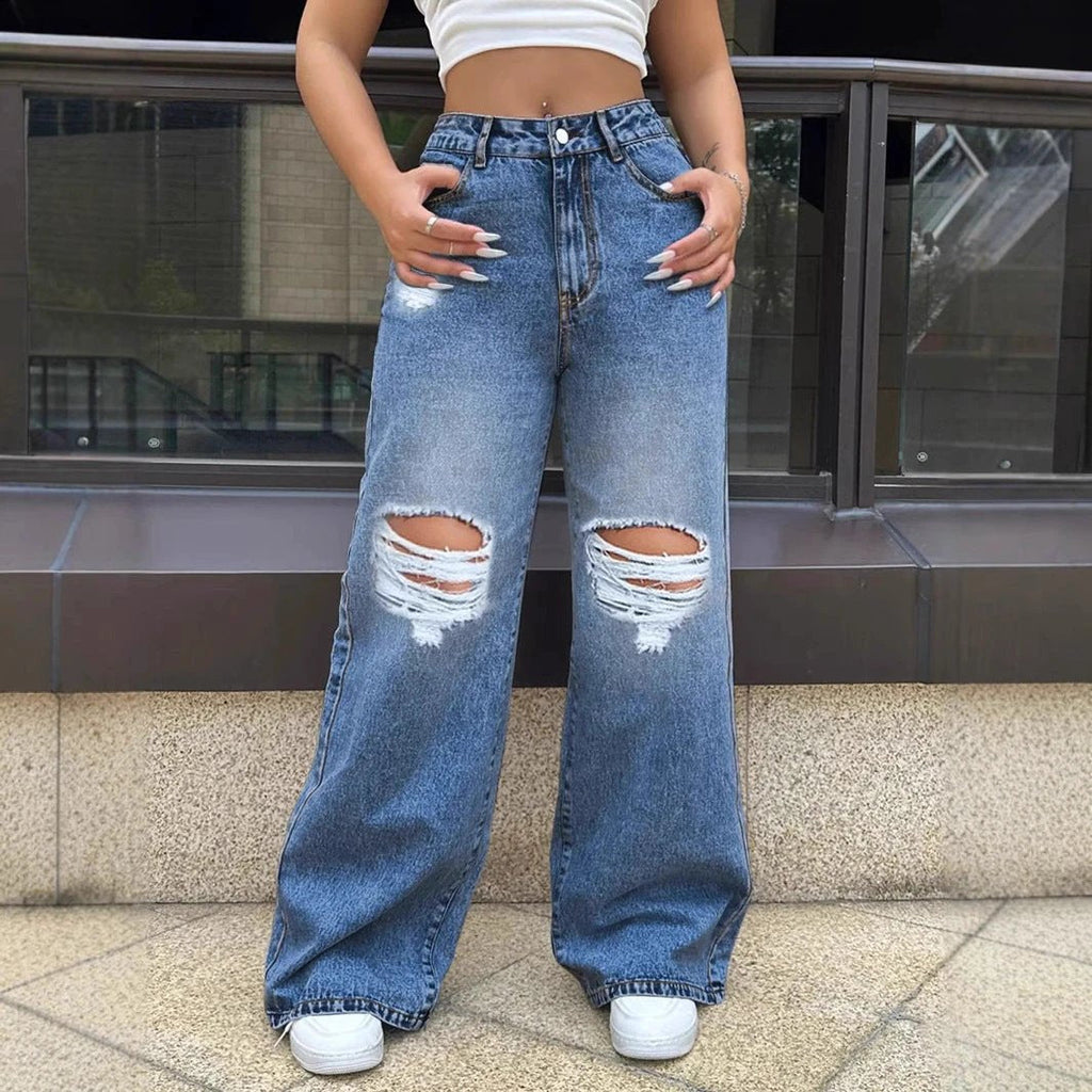 Ripped Washed Loose Straight Wide Leg Jeans