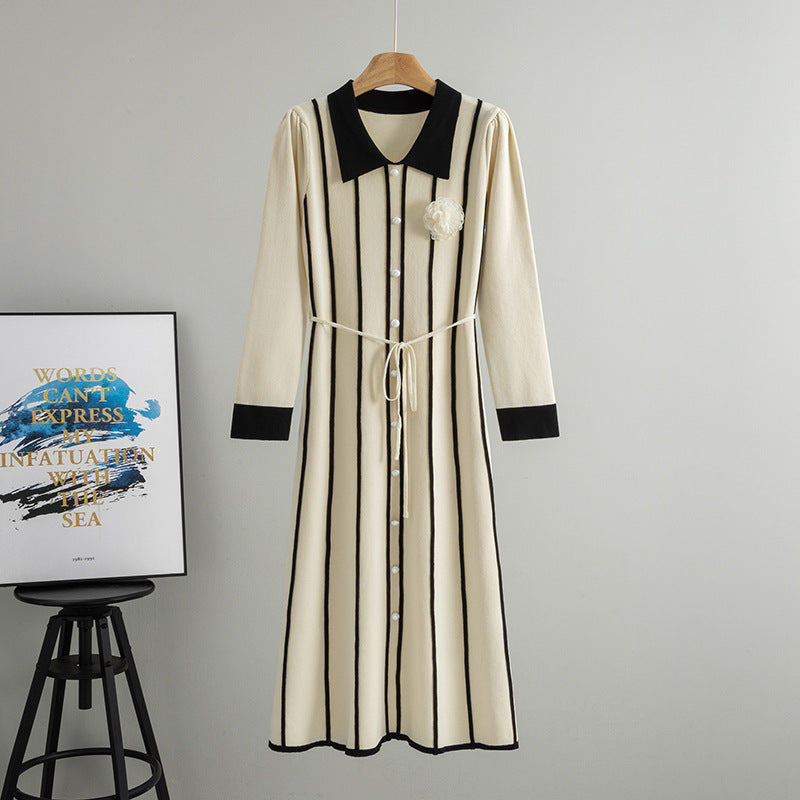 Spring Camellia Decorative Striped Contrast Color Waist Dress French