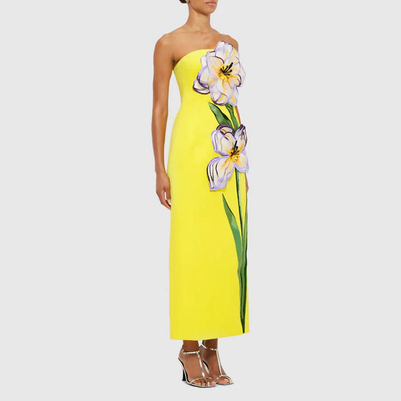 Socialite Design Maxi Dress Floral Embroidered Tube Top Sleeveless Slimming Dress Women