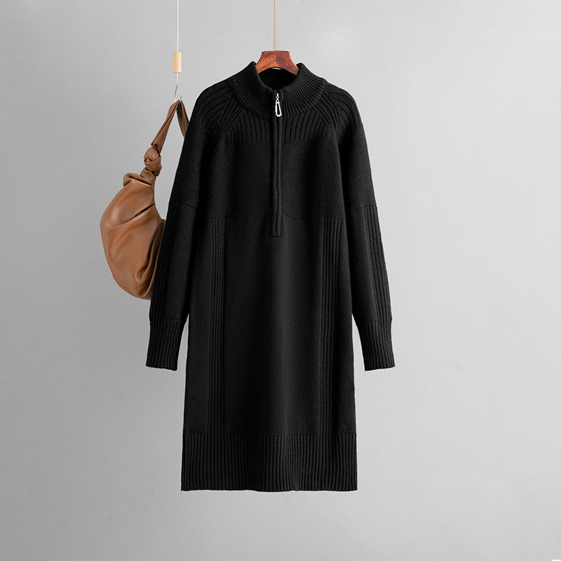 Zipper Woolen Autumn Winter Long Sleeve Thick Loose Mid Length Knitted Dress