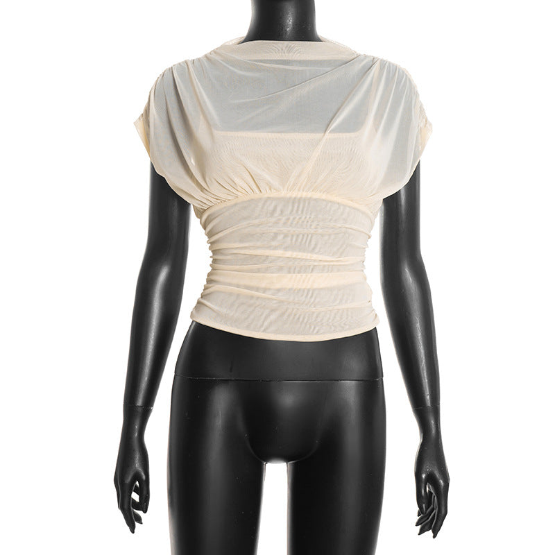 Women Clothing Solid Color Mesh Slim Fit Patchwork Turtleneck Short Sleeve Top