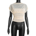 Women Clothing Solid Color Mesh Slim Fit Patchwork Turtleneck Short Sleeve Top