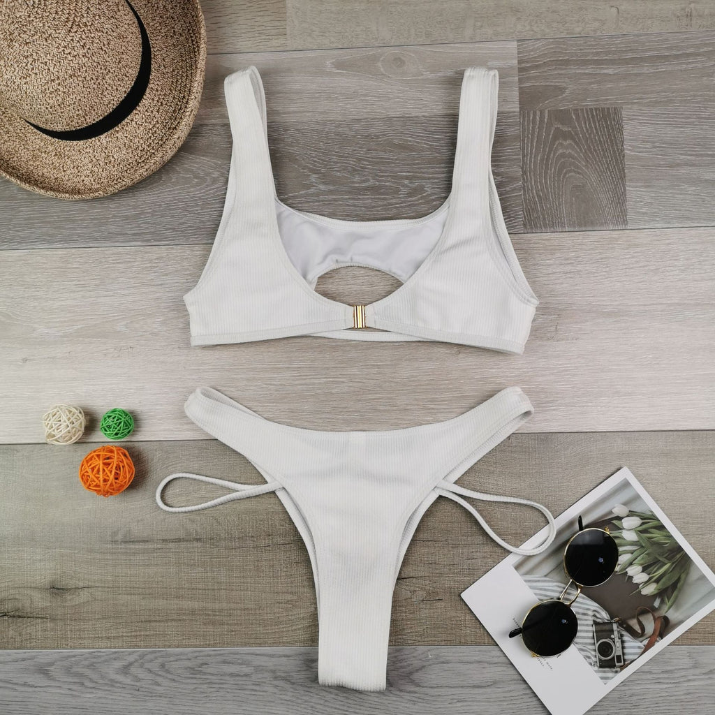 Solid Color Split Hollow Out Cutout Snake Fabric Swimsuit Women Sexy Halter Bikini