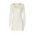Fall Women Clothing Solid Color Basic Long Sleeve V neck Single Breasted Waist Slimming Dress