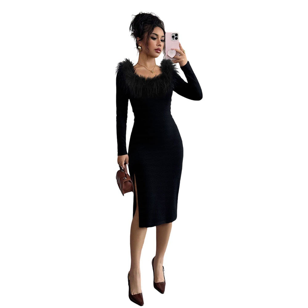 Black Plush Neckline Dress Women Fall Winter Slim Maxi Dress Side Slit Elegant Dinner Dress