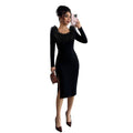 Black Plush Neckline Dress Women Fall Winter Slim Maxi Dress Side Slit Elegant Dinner Dress