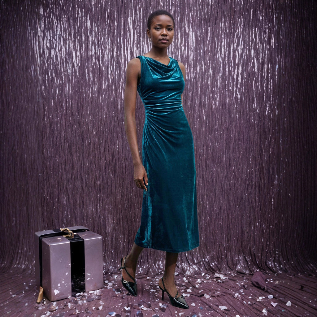 Popular Sleeveless Velvet Evening Dress Ladies Fall Winter Slim Fit Side Slit Sheath Dress
