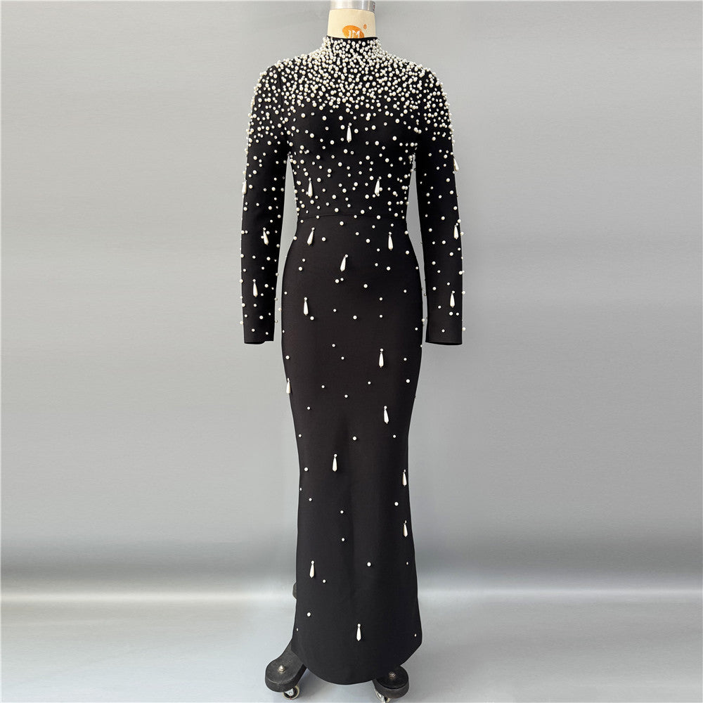 Heavy Industry Beads Diamond Long Sleeve Bandage One Piece Dress Evening Party Elegant Graceful Formal Dress
