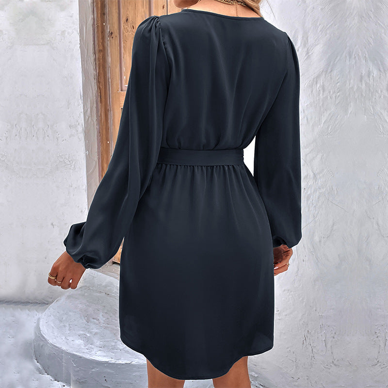 Women Clothing Spring Solid Color V neck Long Sleeve Dress