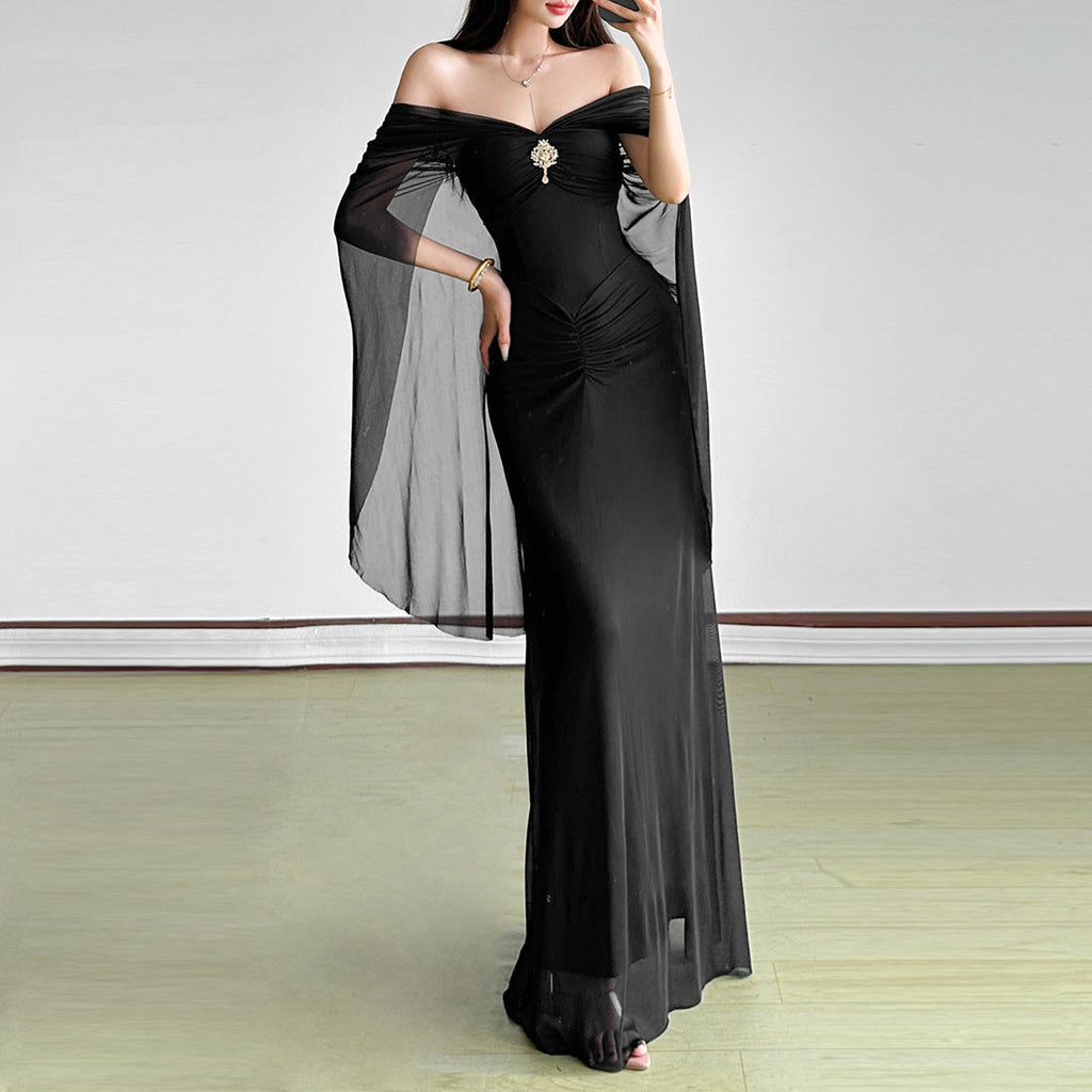 Autumn Winter Women Clothing Ladies Mesh Stitching off Shoulder Tight Waist Sheath Dress for Women