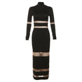 Autumn Women Clothing Sexy Mesh Stitching High Collar High Waist Slim Fit Maxi Dress