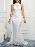 Spring Backless Solid Color Trailing Elegant Slim Party Women Evening Dress