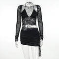 V-neck Lace Mesh Long Sleeve Cover and Cami Skirt Set