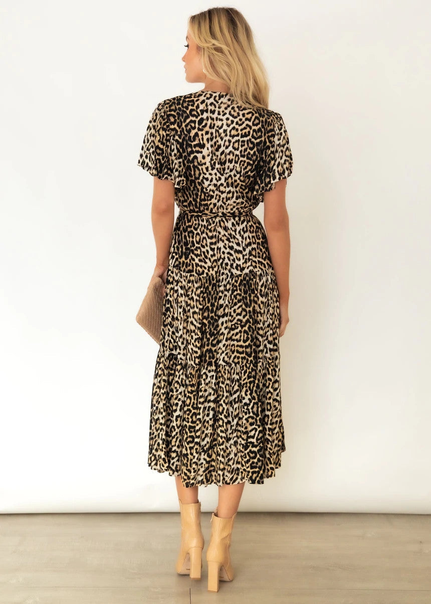 Leopard Print V neck Short Sleeve Belt Pleated Dress for Women