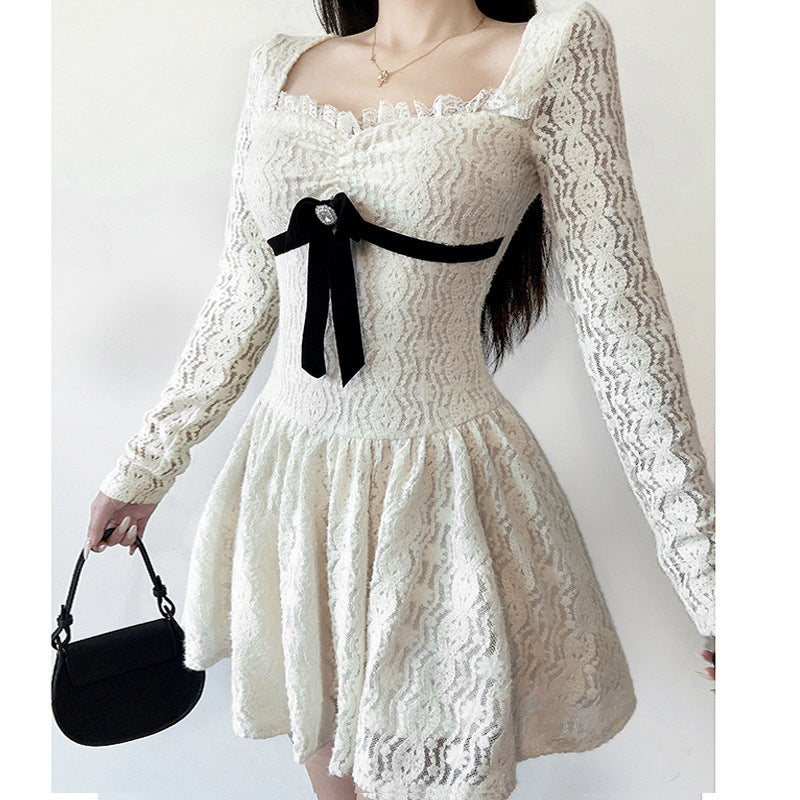 Lace Stitching Bow Waist Tight A line Dress Women Autumn Sexy Little Short Dress