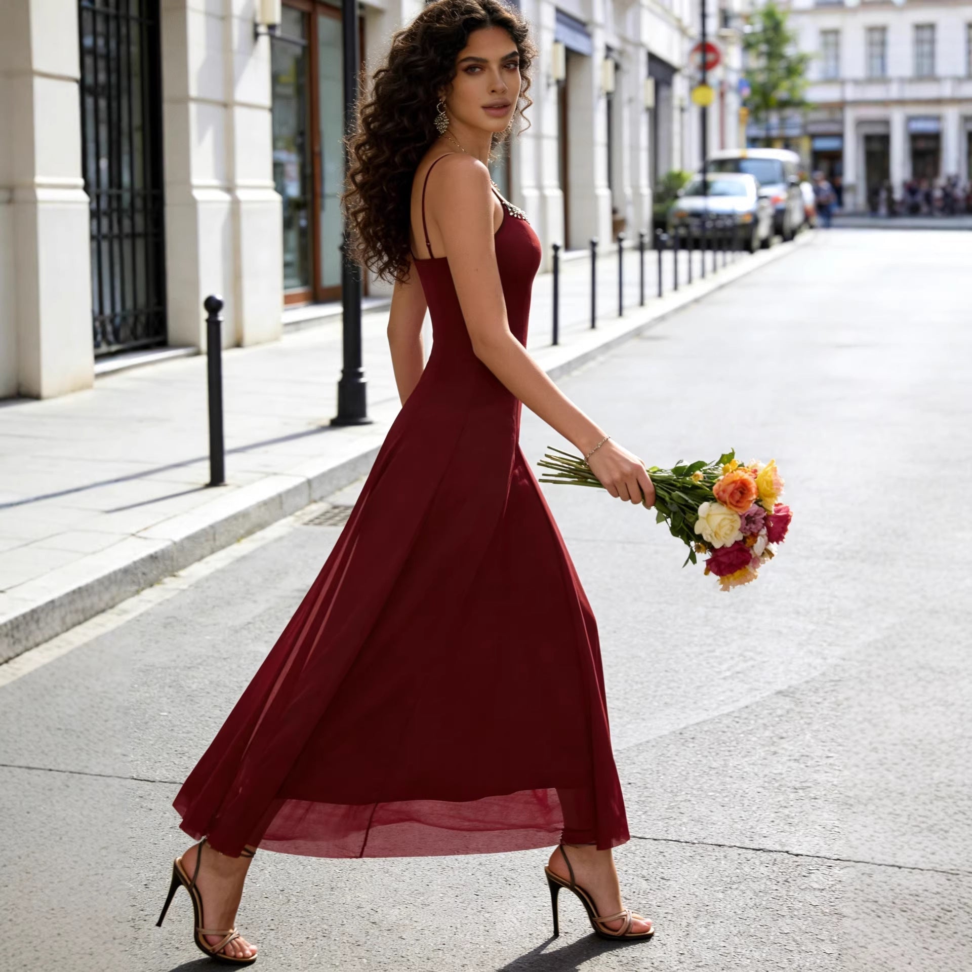 French Exquisite Rhinestone Dress Mesh Large Swing Slim Fit Cami Dress